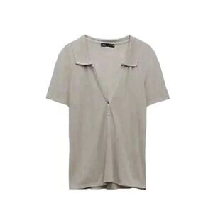 Zara Women's Beige Viscose V-Neck Polo Shirt